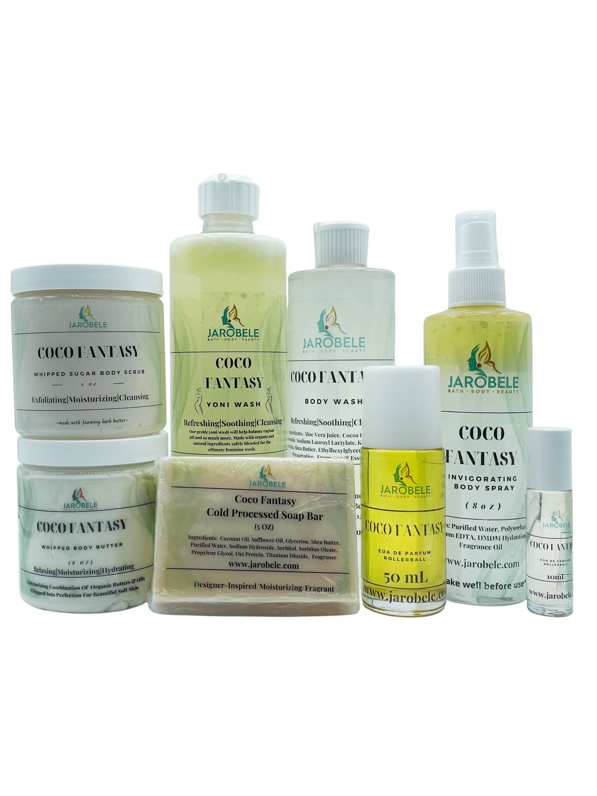 Yoni Wash-16 oz
Body Wash-12 oz
Body Spray-8 oz
Body Rollerball-50 ml
Rollerball-10 ml
Soap Bar-5 oz
Sugar Scrub-8 oz
Body Butter-8 oz