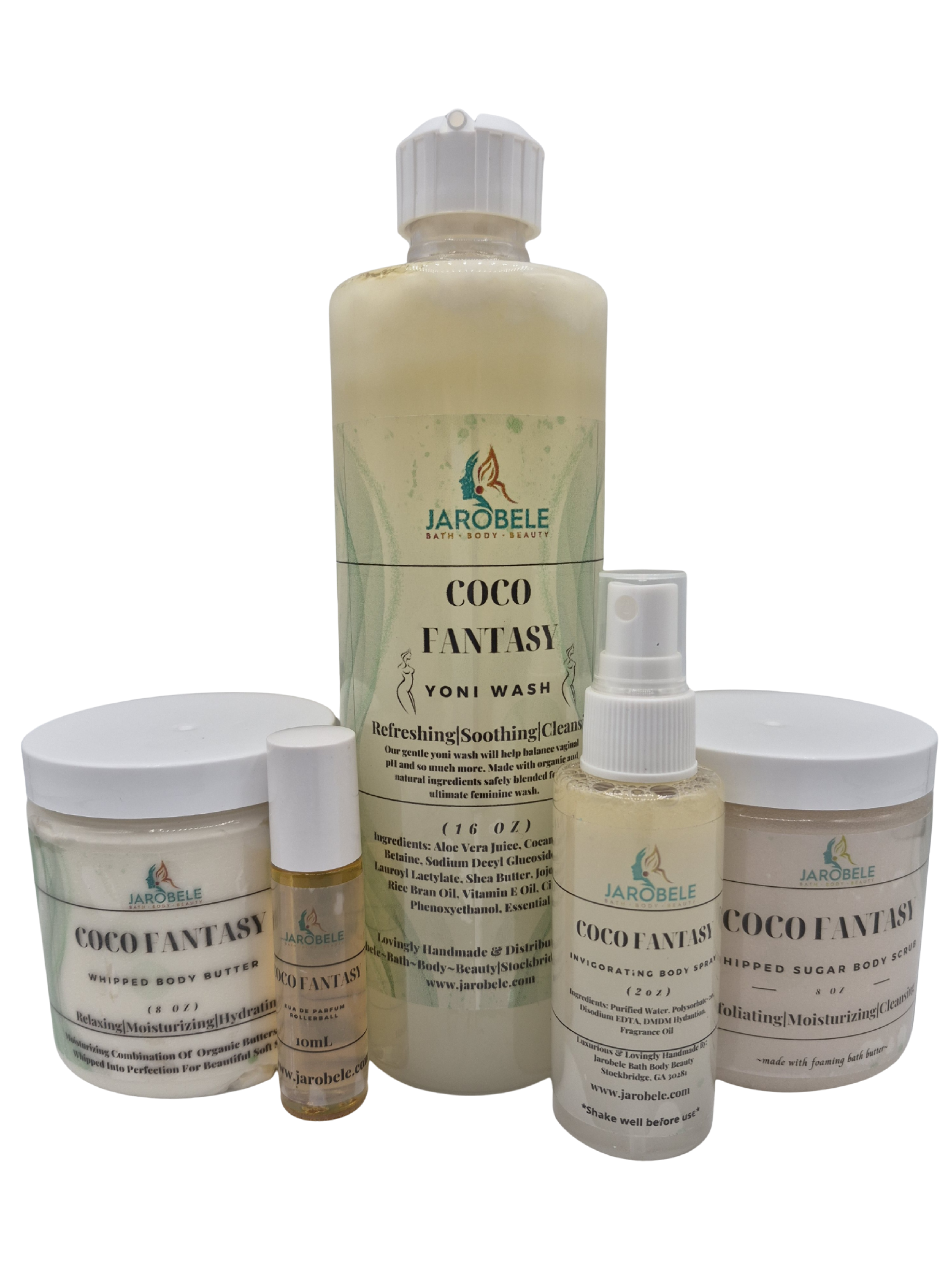 Yoni Wash-16 oz
Body Butter-8 oz
Sugar Scrub-8 oz
Body Spray-2 oz
Rolleball-10 ml