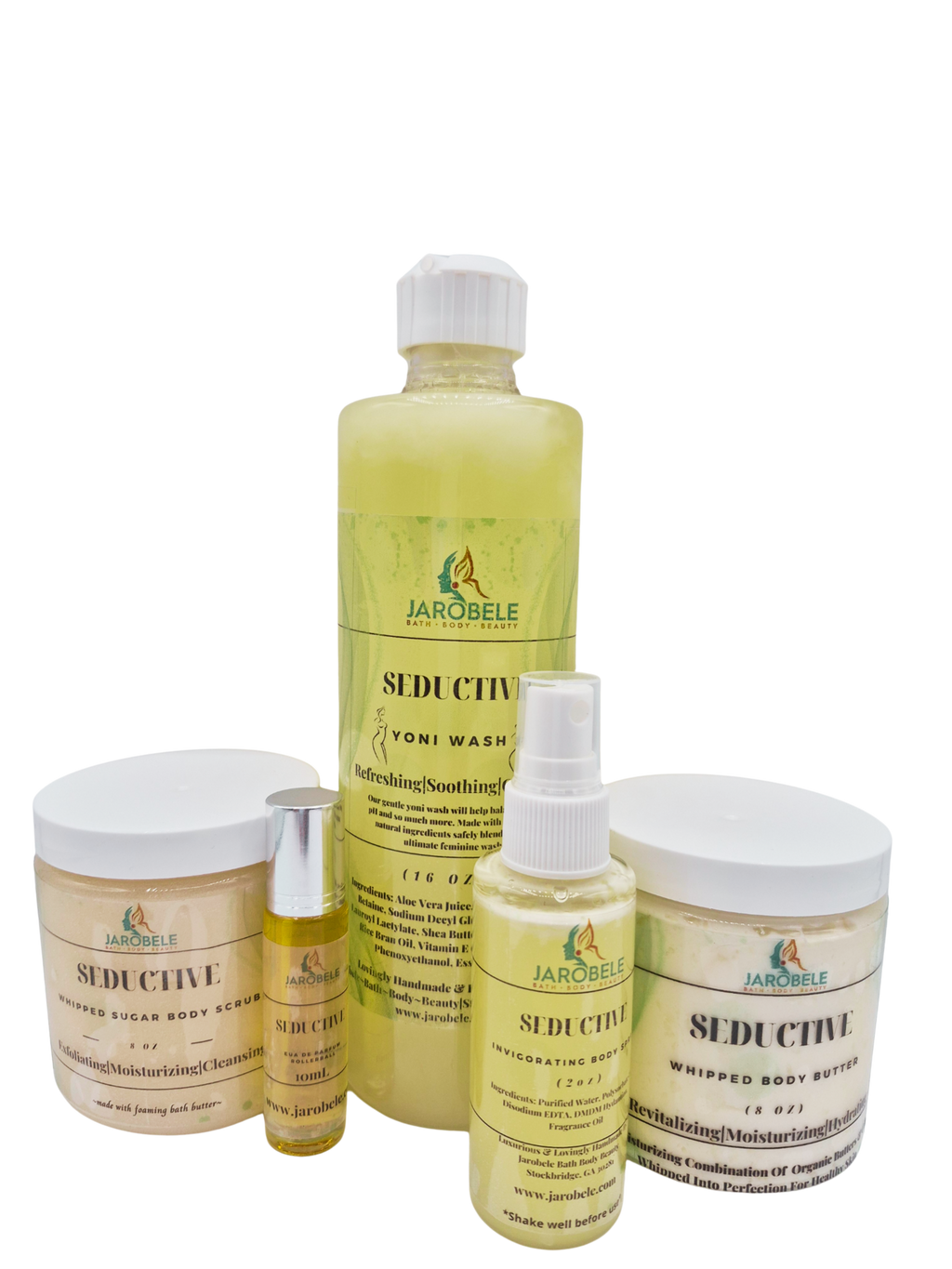 Yoni Wash-16 oz
Body Butter-8 oz
Suagr Scrub-8 oz
Body Spray-2 oz
Rollerball-10 ml