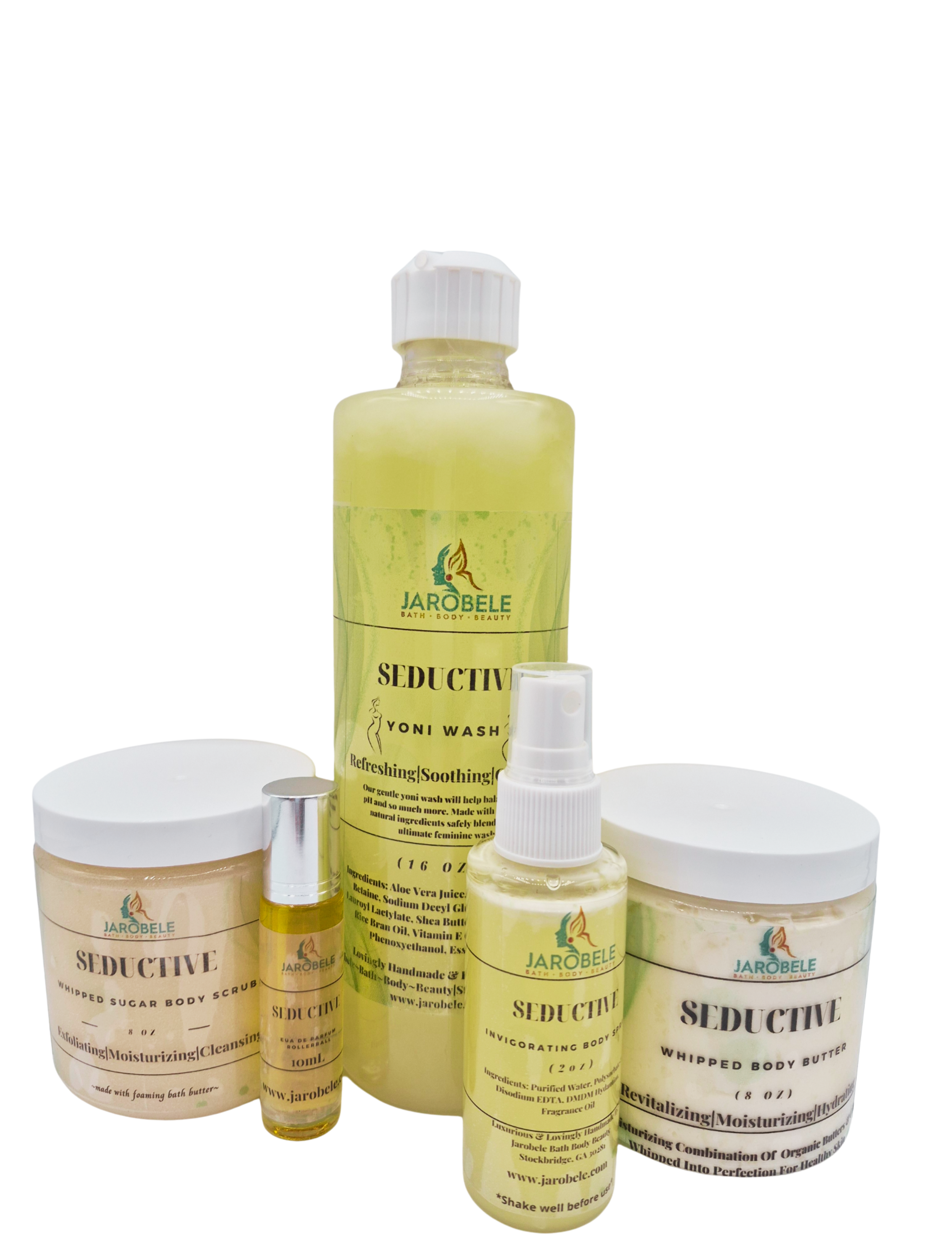 Yoni Wash-16 oz
Body Butter-8 oz
Suagr Scrub-8 oz
Body Spray-2 oz
Rollerball-10 ml